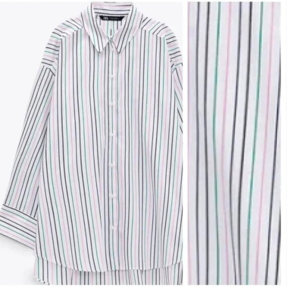 Zara White Striped Cotton Oversized Blouse/Shirt. Size s - Picture 7 of 10